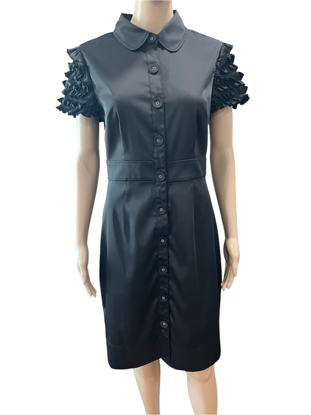 Phoebe Couture Black Ruffled Button-Front Stretch Shirt Dress Size M/L